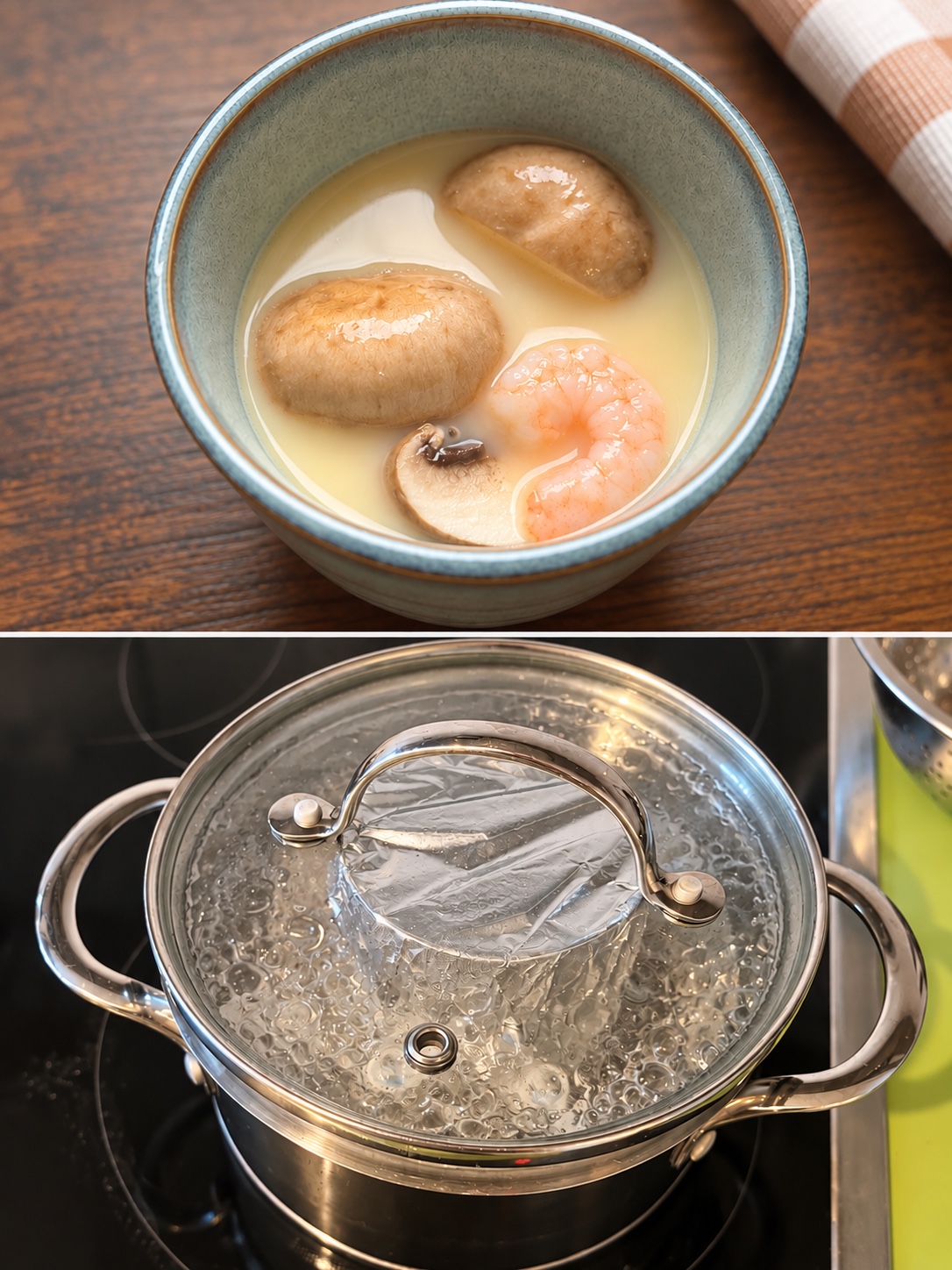 Ein vollständig geschlossener Topf mit der abgedeckten Chawanmushi-Tasse darin
