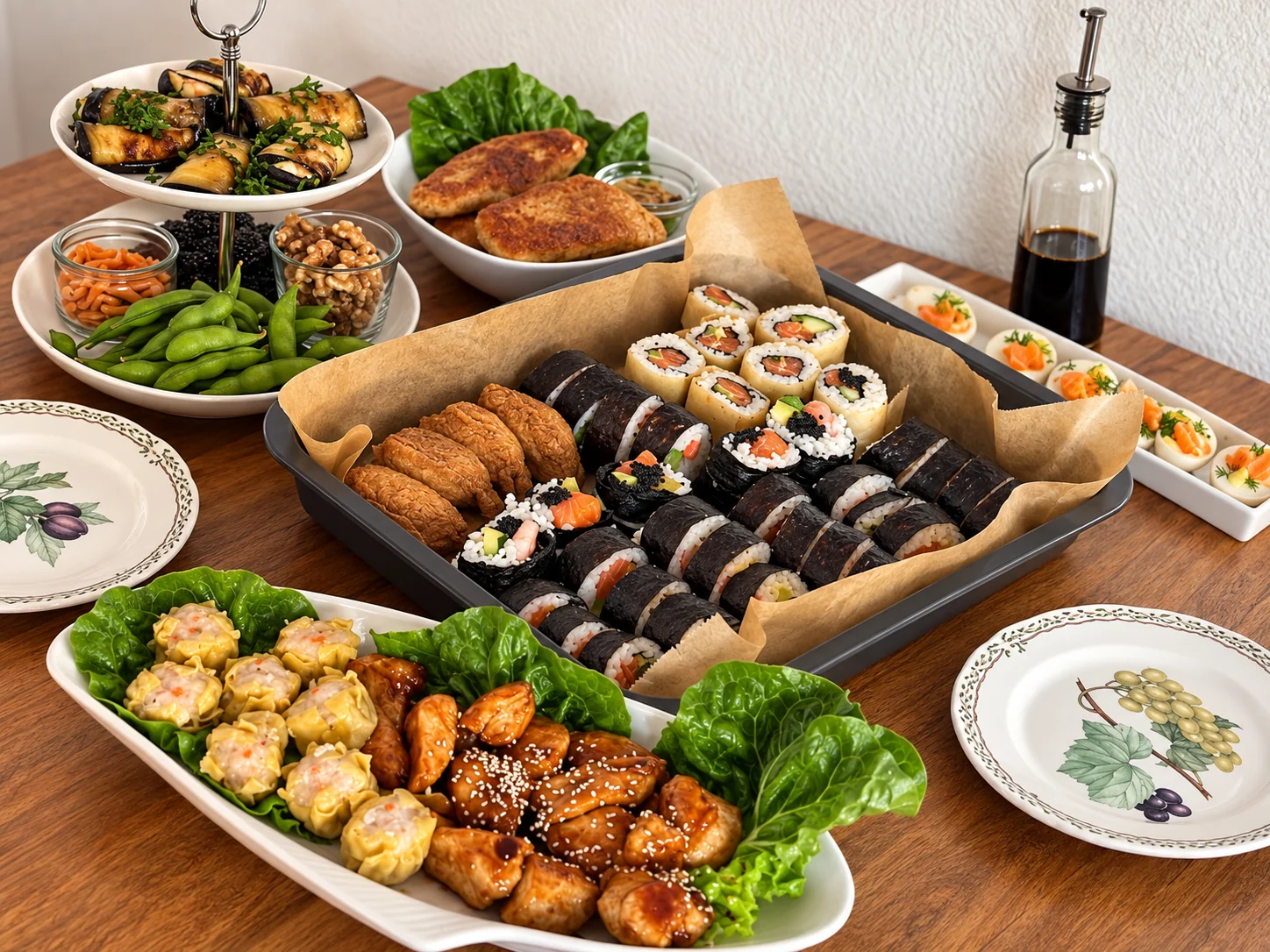 Homemade sushi, dumplings, glazed chicken and vegetables laid out on a wooden table