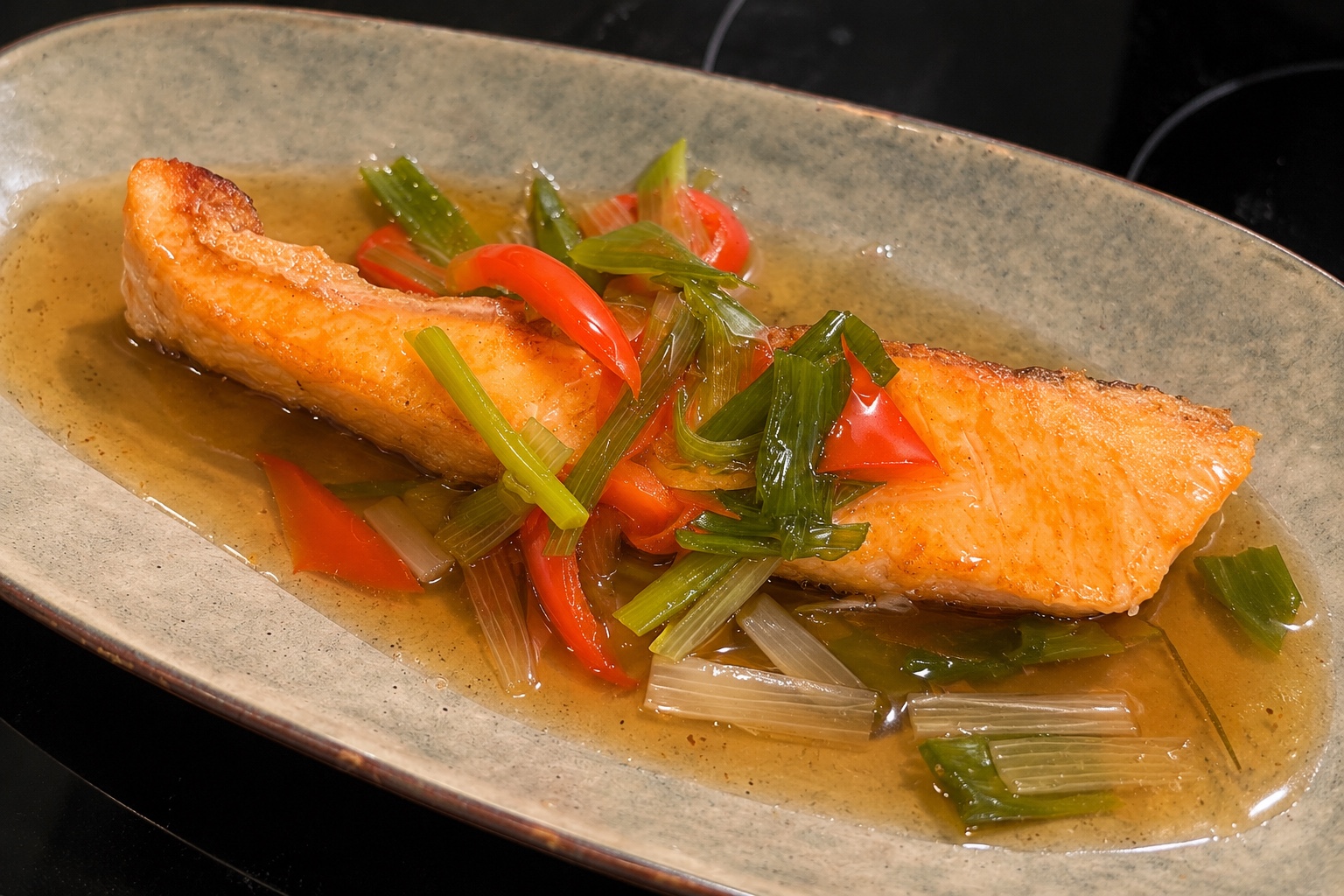 Crispy salmon trout with red bell pepper and spring onion in a light sweet-and-sour dashi sauce