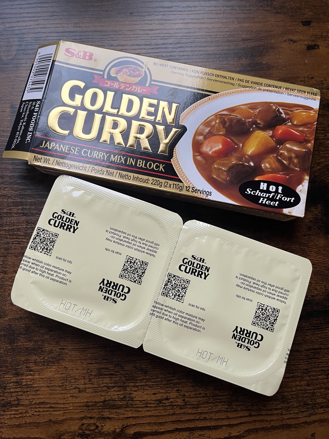 S&B Golden Curry package and individually wrapped curry roux blocks