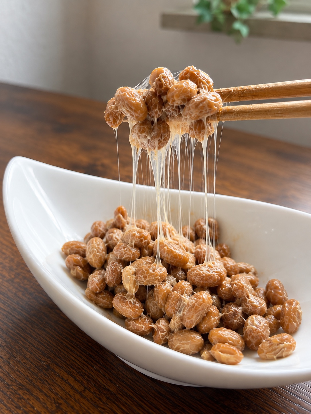 Hausgemachtes Natto mit sichtbaren Fäden