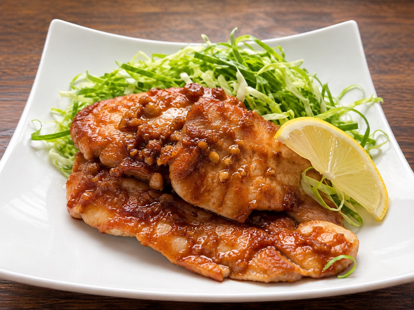 Ginger pork with shredded cabbage and a lemon wedge