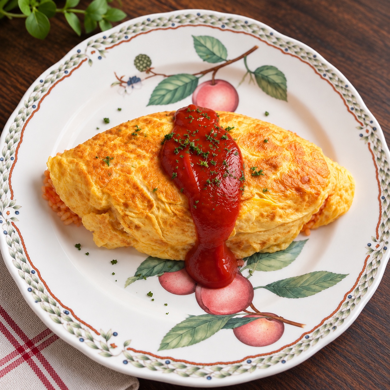 Omurice mit Ketchup auf einem Teller mit Obstmotiv