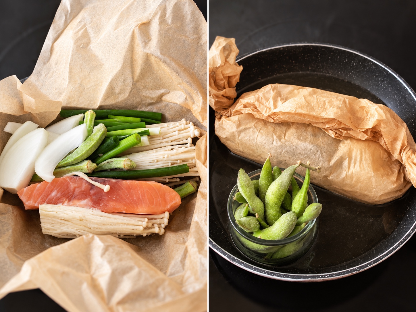 Lachs, Pilze und Gemüse auf Backpapier vor dem Einwickeln; daneben das geschlossene Päckchen mit Edamame in der Pfanne